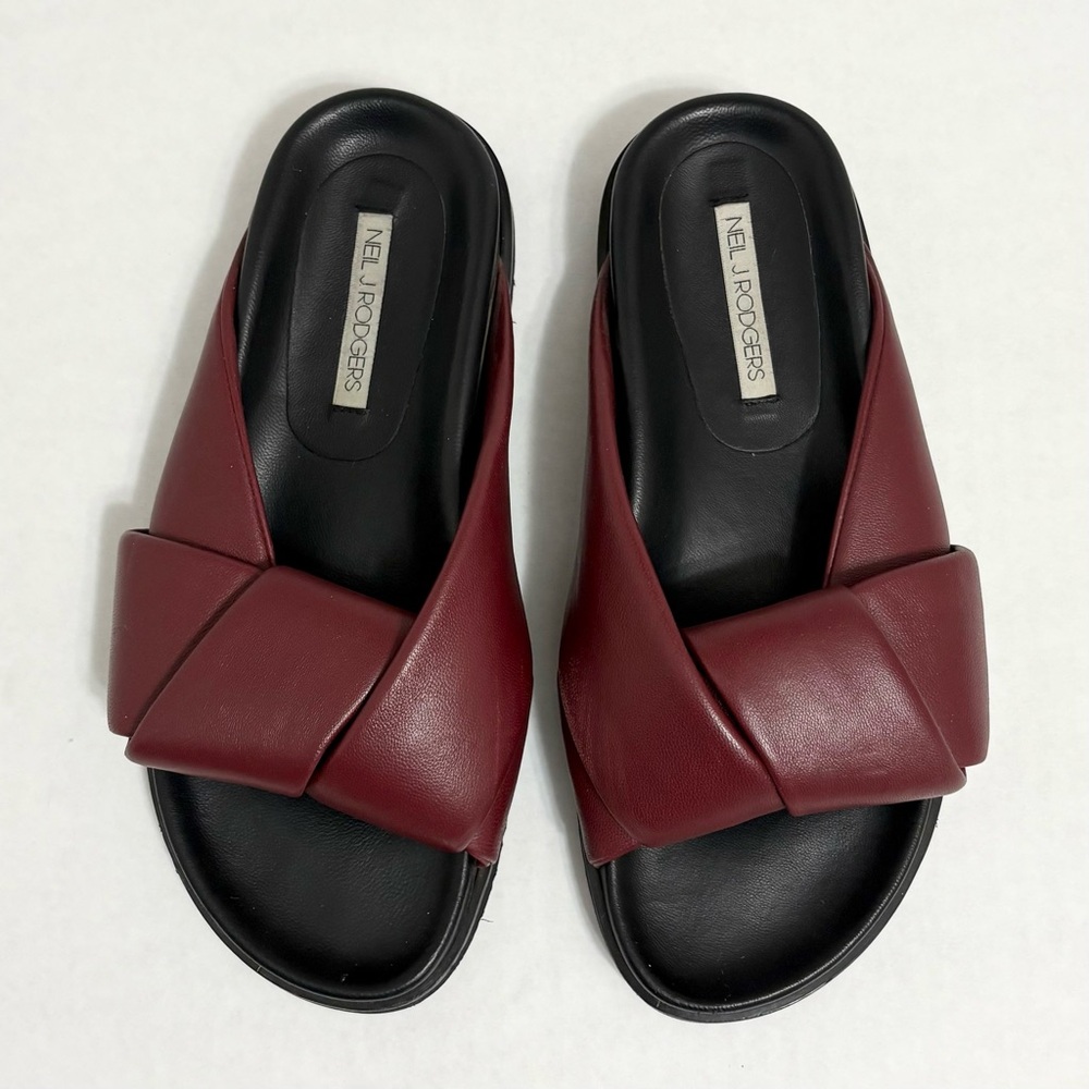 Neil J Rodgers Obi Slide Sandals Wine Burgundy Leather Slip On Flats, Size 38